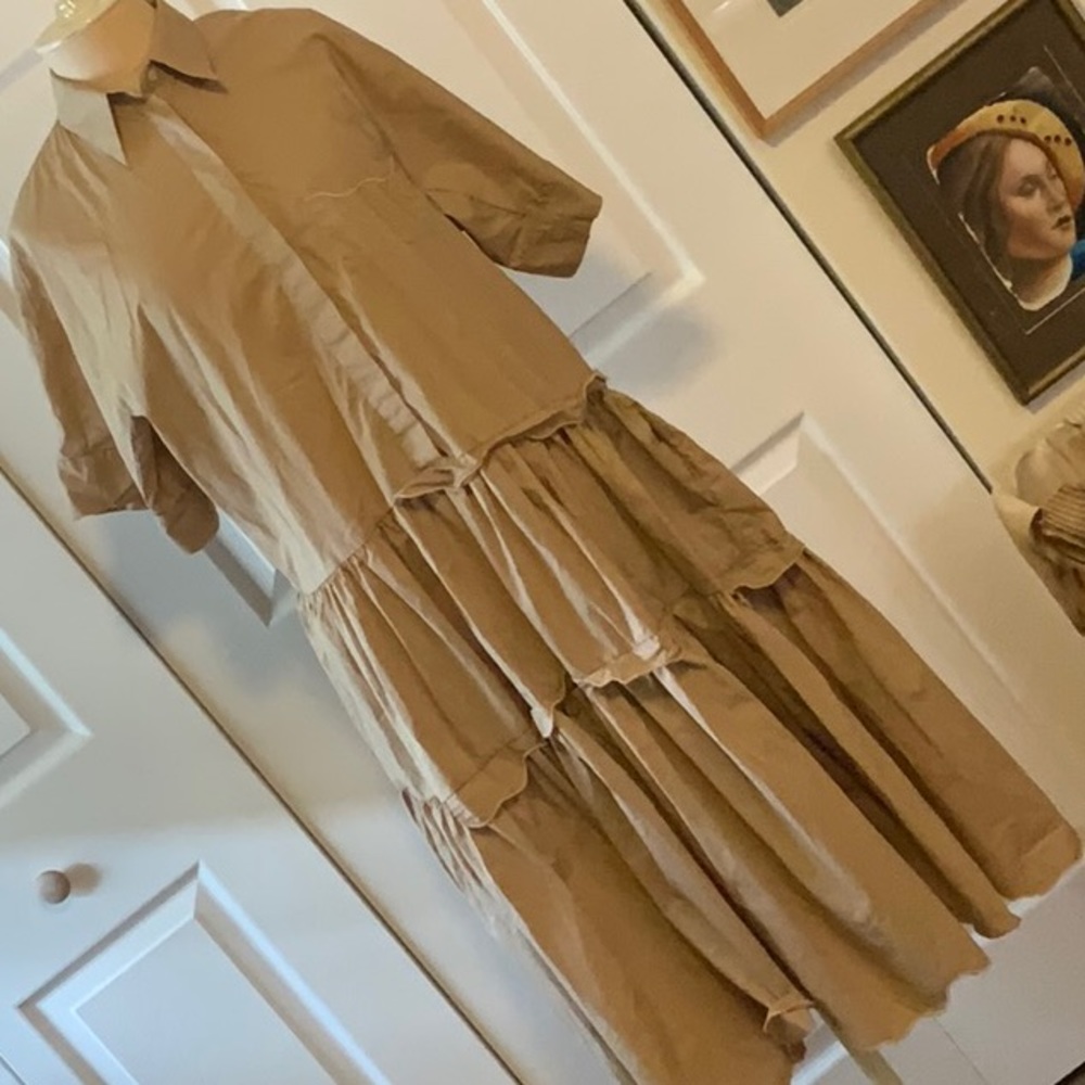 Beatrice B.- Large- Tan Tiered Midi Prairie Dress- Pockets